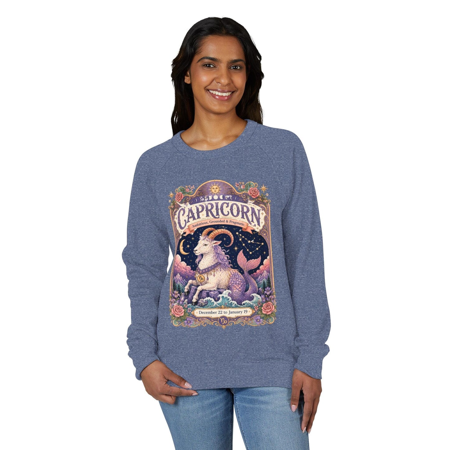 Capricorn Zodiac Raglan Sweatshirt – Ethereal Sea Goat Artwork