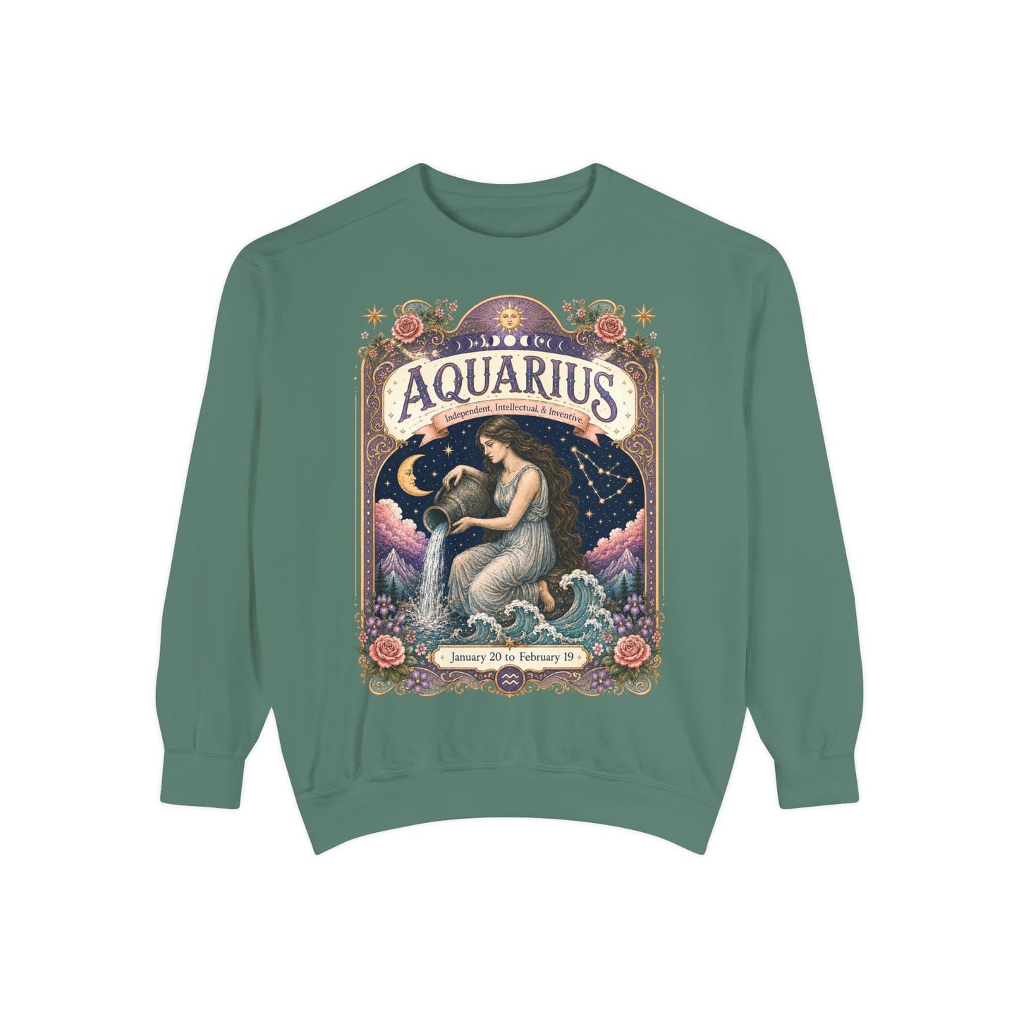 Aquarius Zodiac Garment-Dyed Sweatshirt – Mystic Water Bearer Artwork