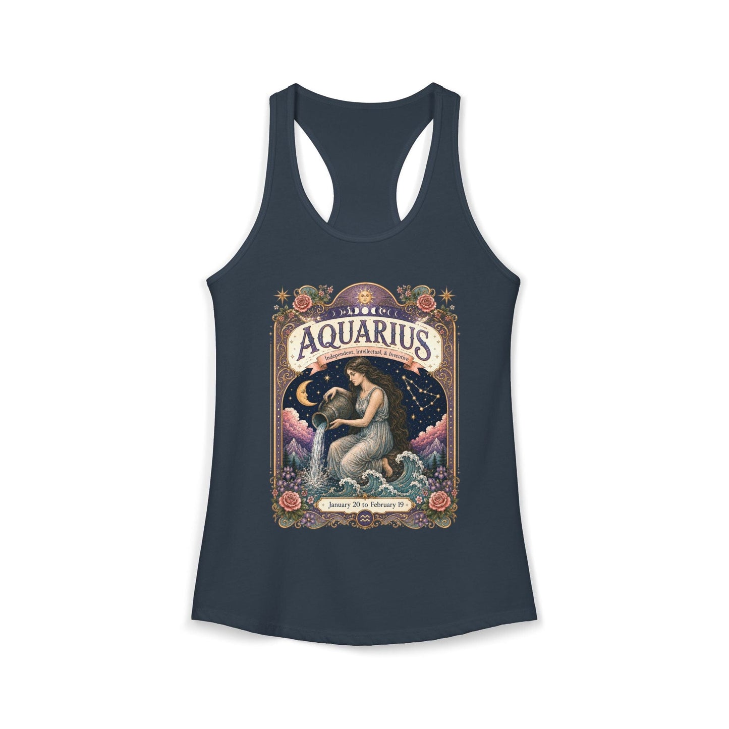 Aquarius Zodiac Women's Racerback Tank – Ornate Water Bearer Artwork