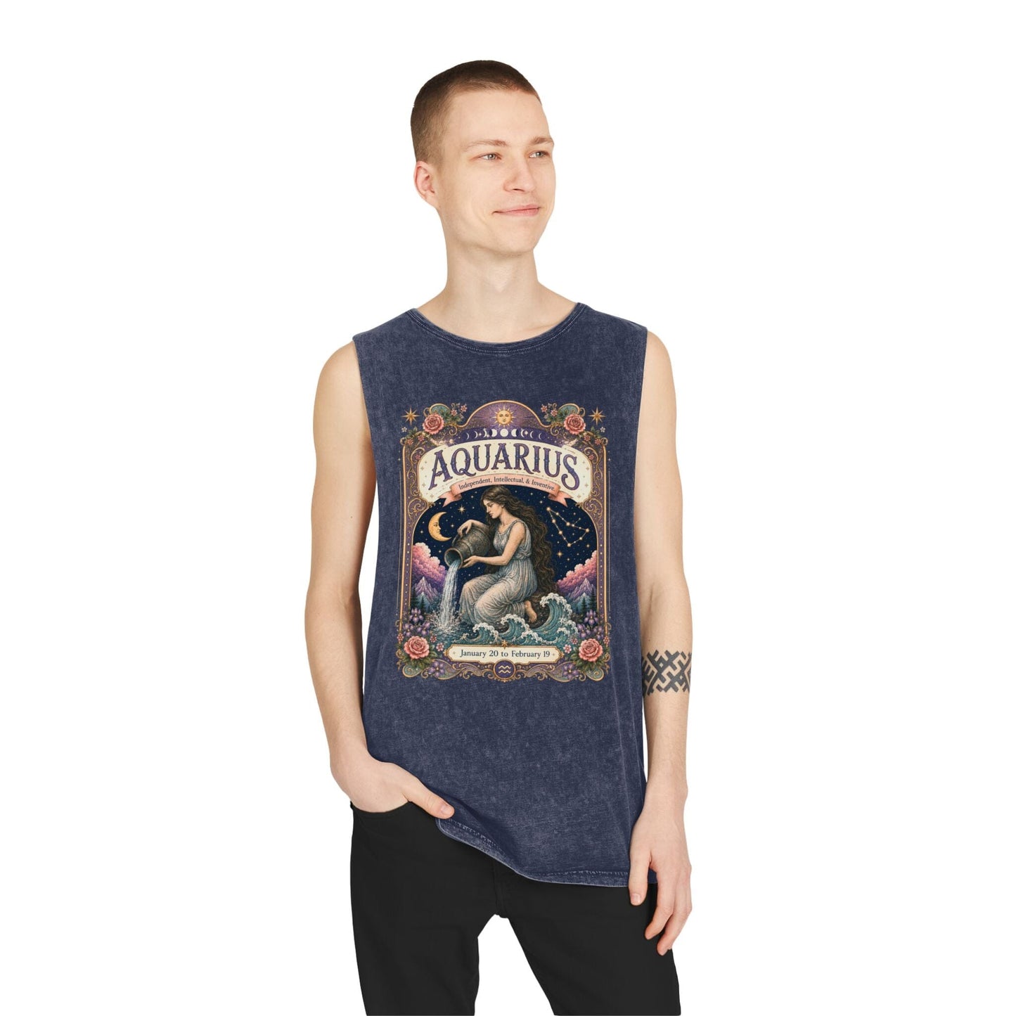 Aquarius Zodiac Stonewash Tank Top – Cosmic Water Bearer Artwork