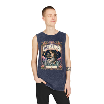 Aquarius Zodiac Stonewash Tank Top – Cosmic Water Bearer Artwork