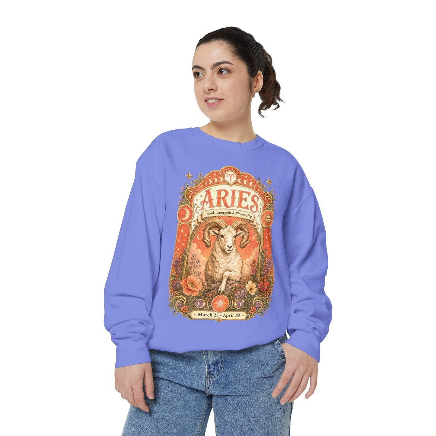 Aries Zodiac Garment-Dyed Sweatshirt – Mystic Ram Artwork
