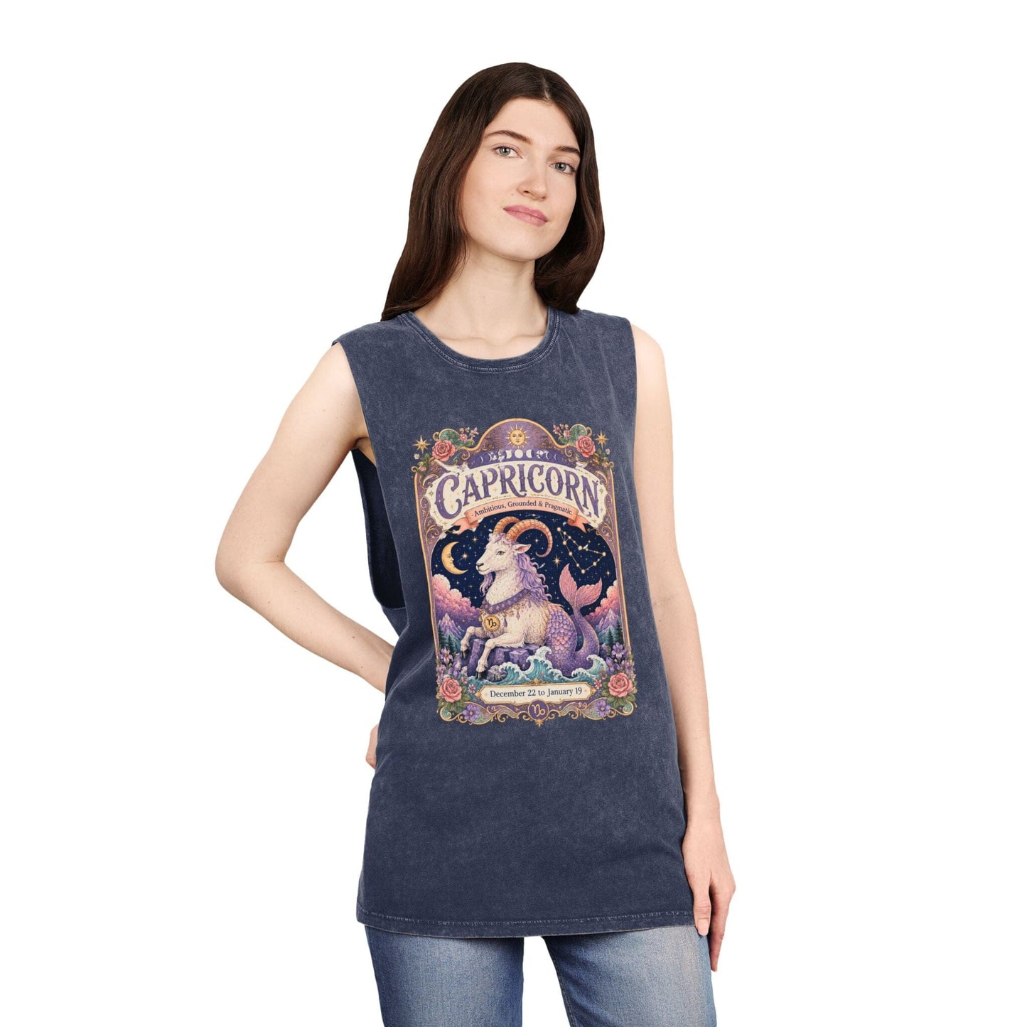 Capricorn Zodiac Stonewash Tank Top – Cosmic Sea Goat Artwork