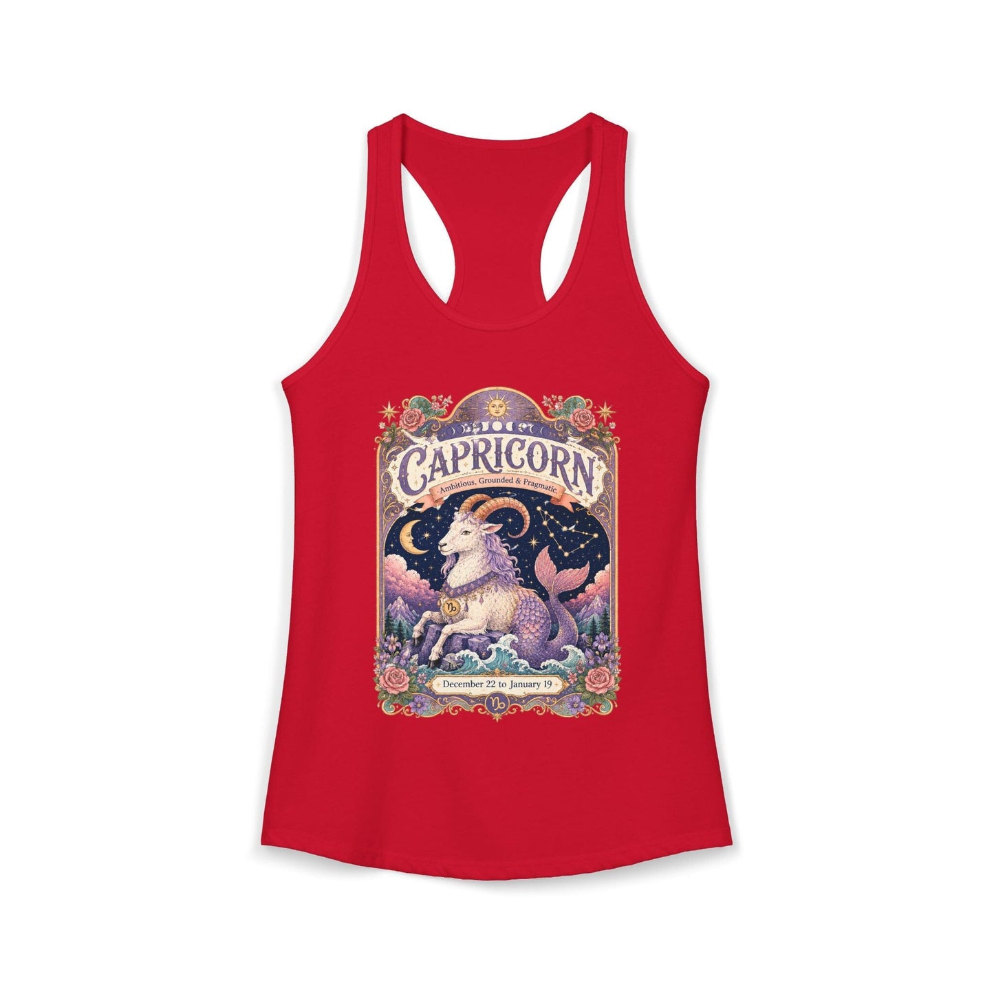 Capricorn Zodiac Women's Racerback Tank – Ornate Sea Goat Artwork