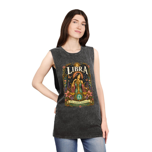 Libra Zodiac Stonewash Tank Top – Cosmic Scales Artwork
