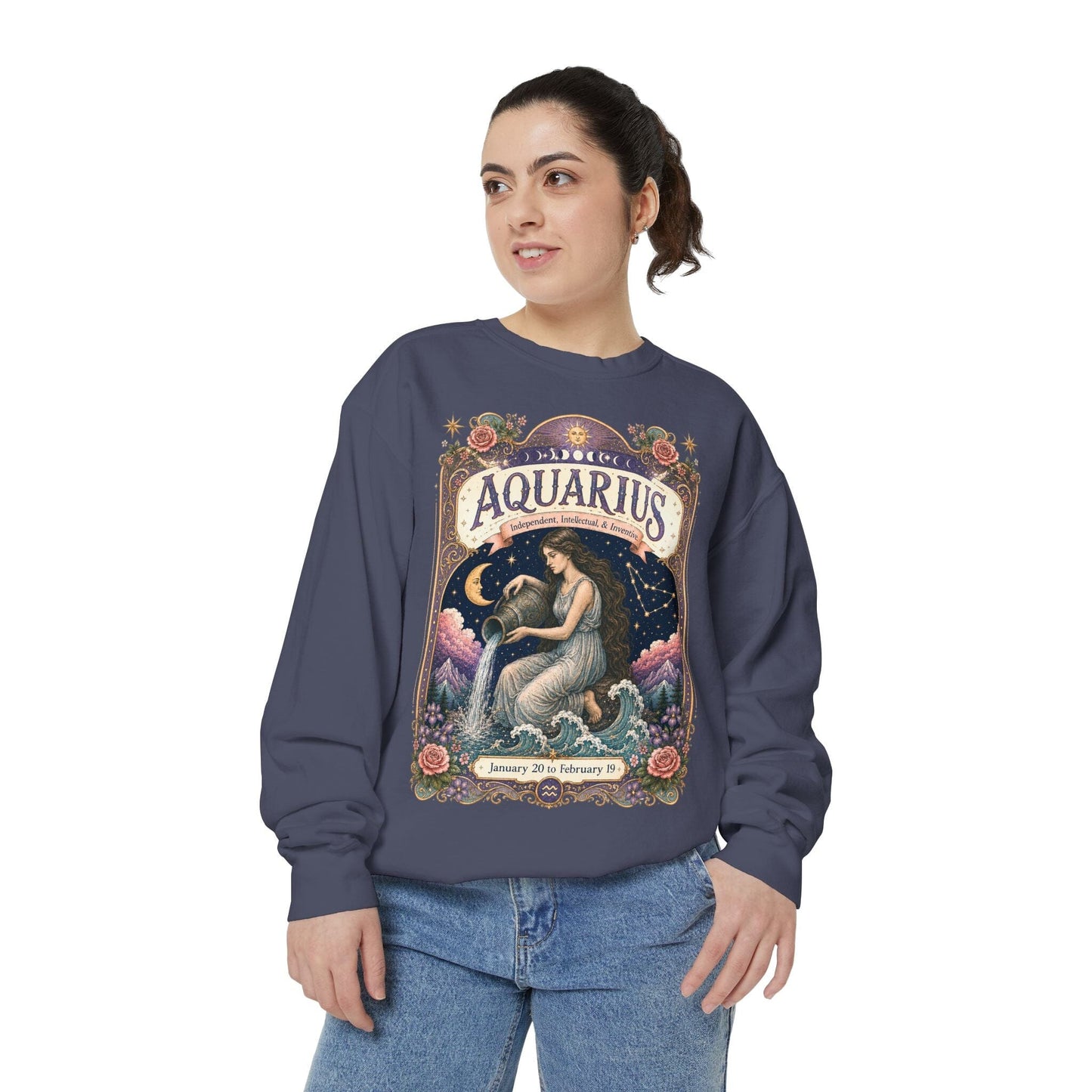 Aquarius Zodiac Garment-Dyed Sweatshirt – Mystic Water Bearer Artwork