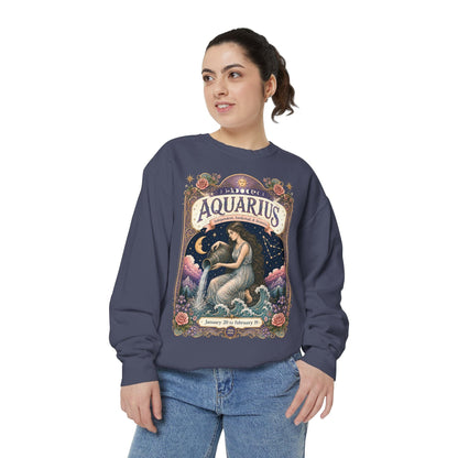Aquarius Zodiac Garment-Dyed Sweatshirt – Mystic Water Bearer Artwork