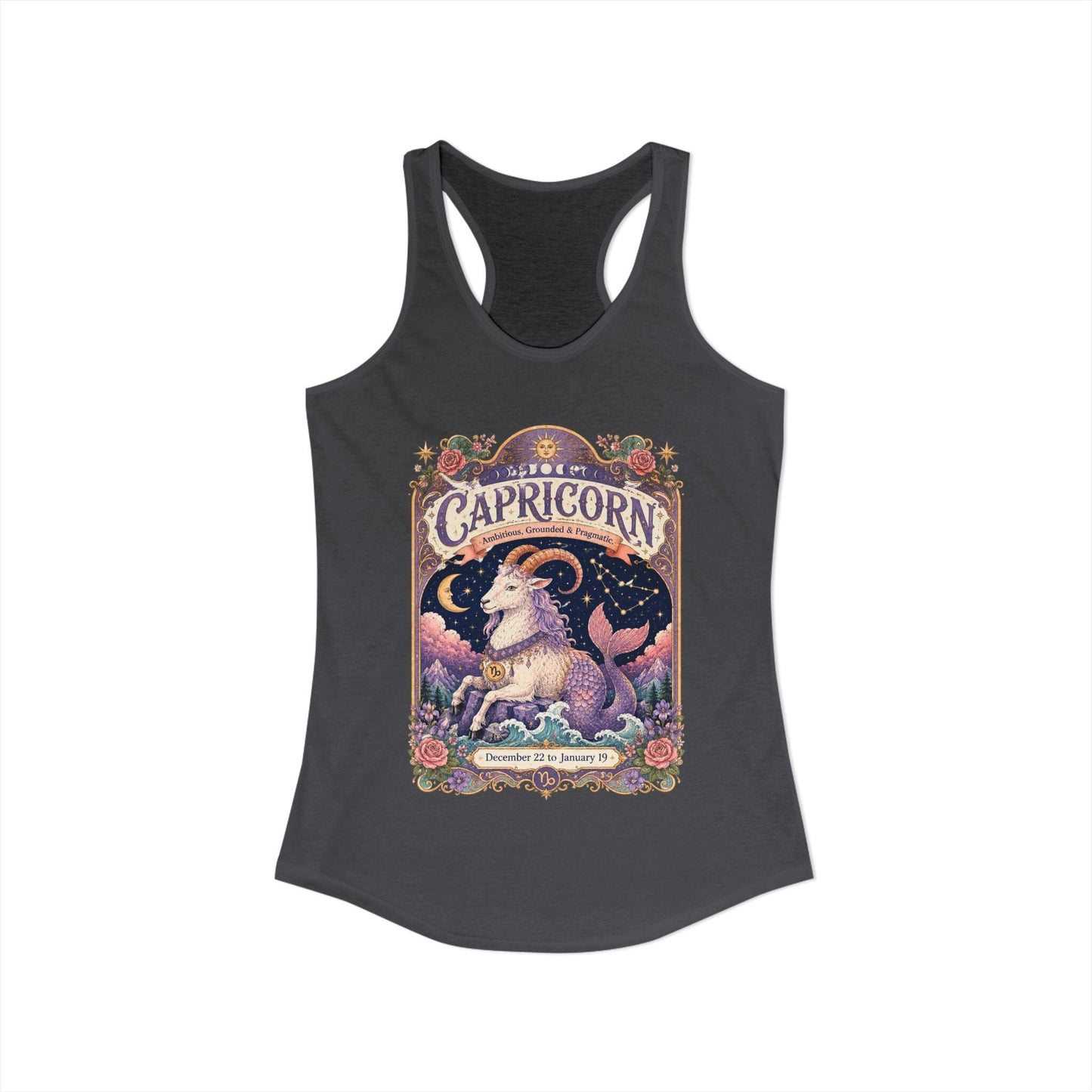 Capricorn Zodiac Women's Racerback Tank – Ornate Sea Goat Artwork