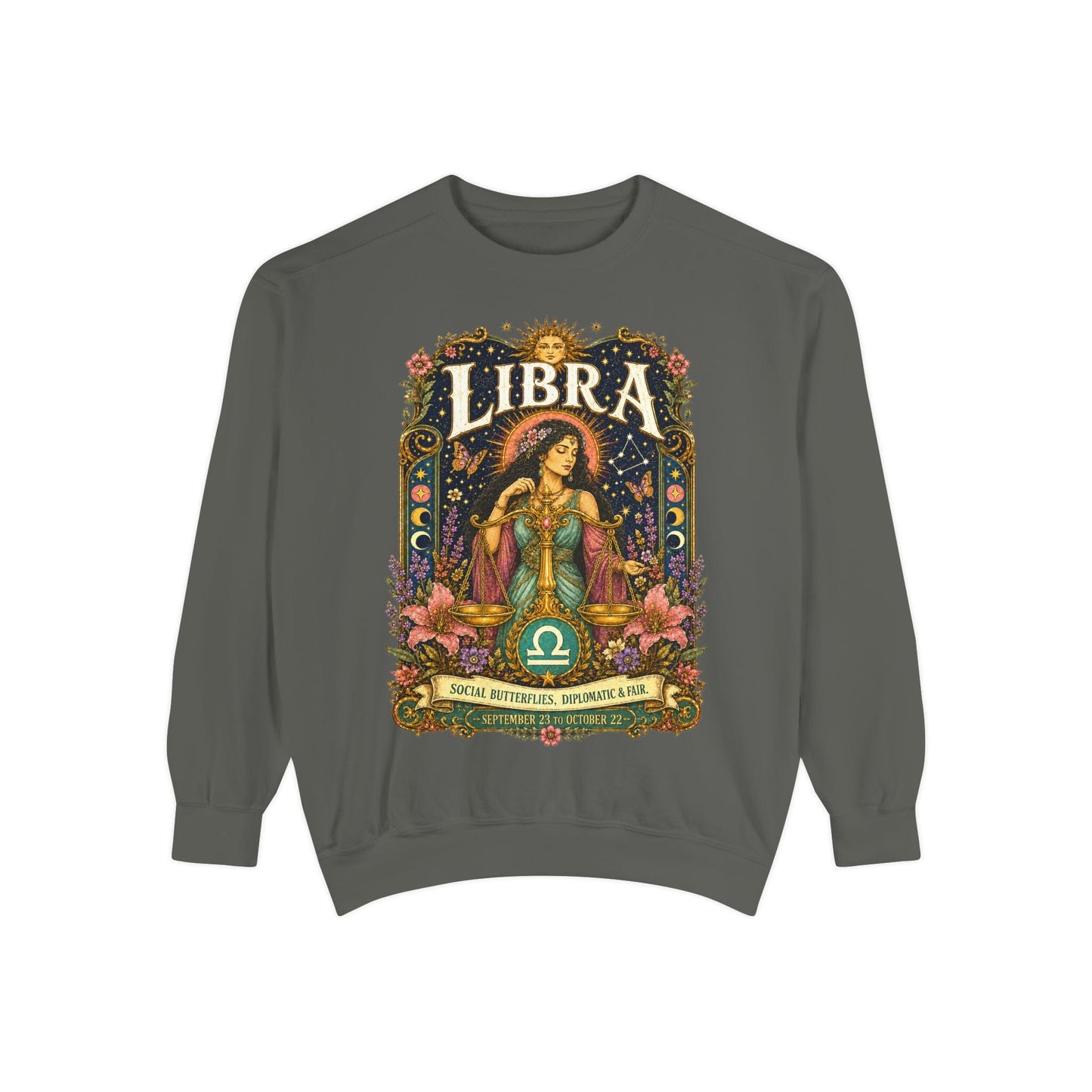 Libra Zodiac Garment-Dyed Sweatshirt – Mystic Scales Artwork
