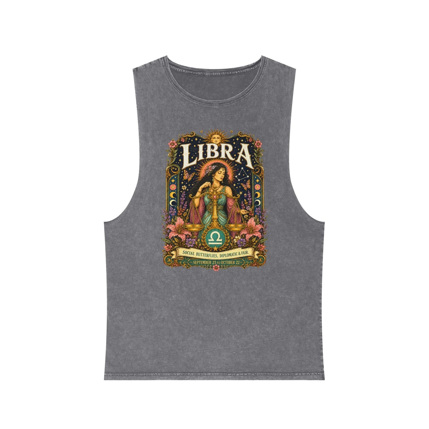 Libra Zodiac Stonewash Tank Top – Cosmic Scales Artwork