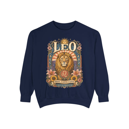 Leo Zodiac Garment-Dyed Sweatshirt – Mystic Lion Artwork
