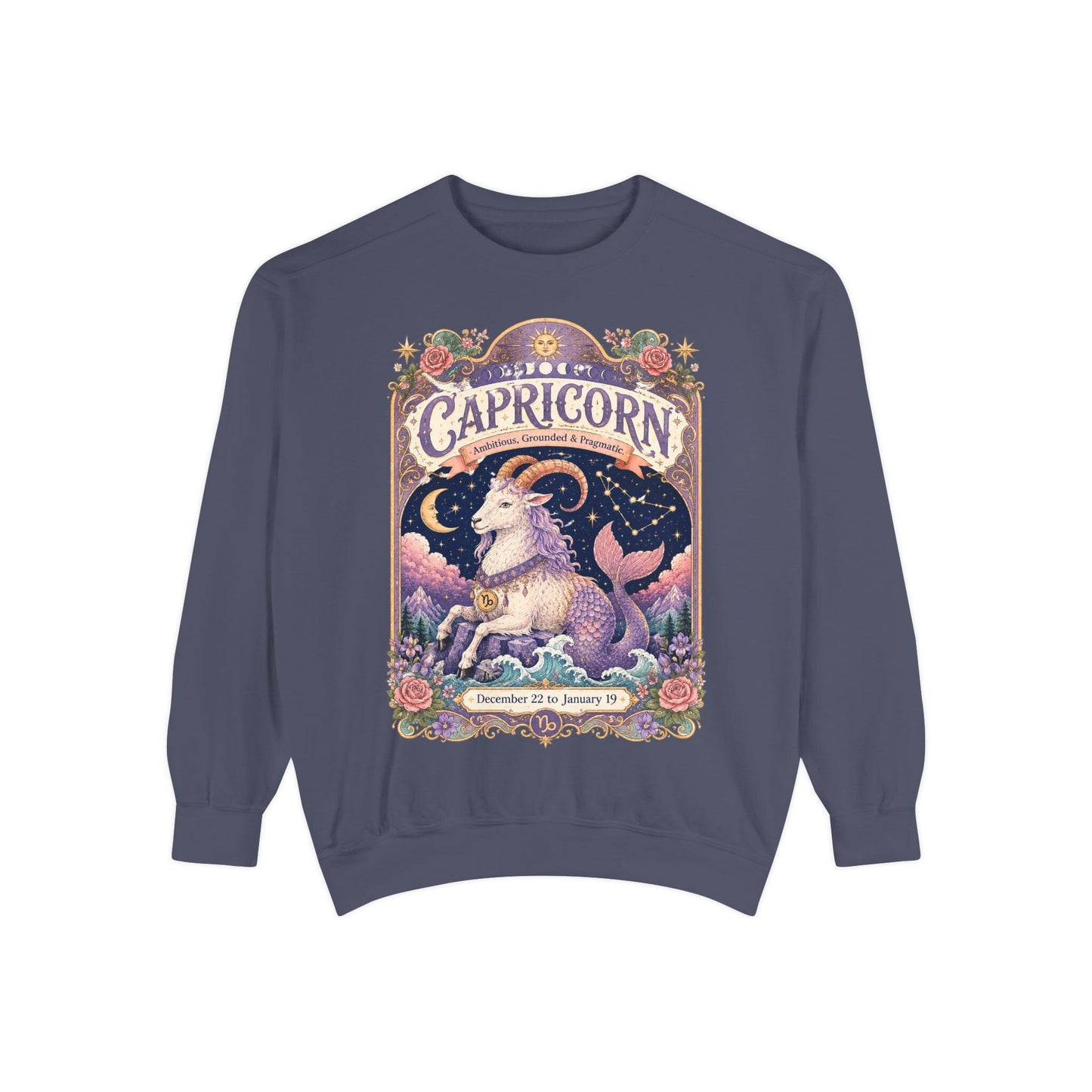 Capricorn Zodiac Garment-Dyed Sweatshirt – Mystic Sea Goat Artwork