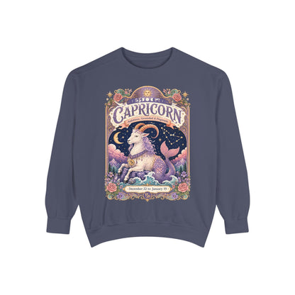 Capricorn Zodiac Garment-Dyed Sweatshirt – Mystic Sea Goat Artwork