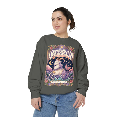 Capricorn Zodiac Garment-Dyed Sweatshirt – Mystic Sea Goat Artwork