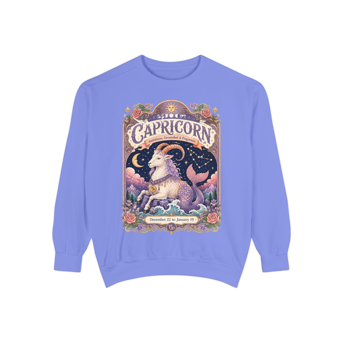 Capricorn Zodiac Garment-Dyed Sweatshirt – Mystic Sea Goat Artwork