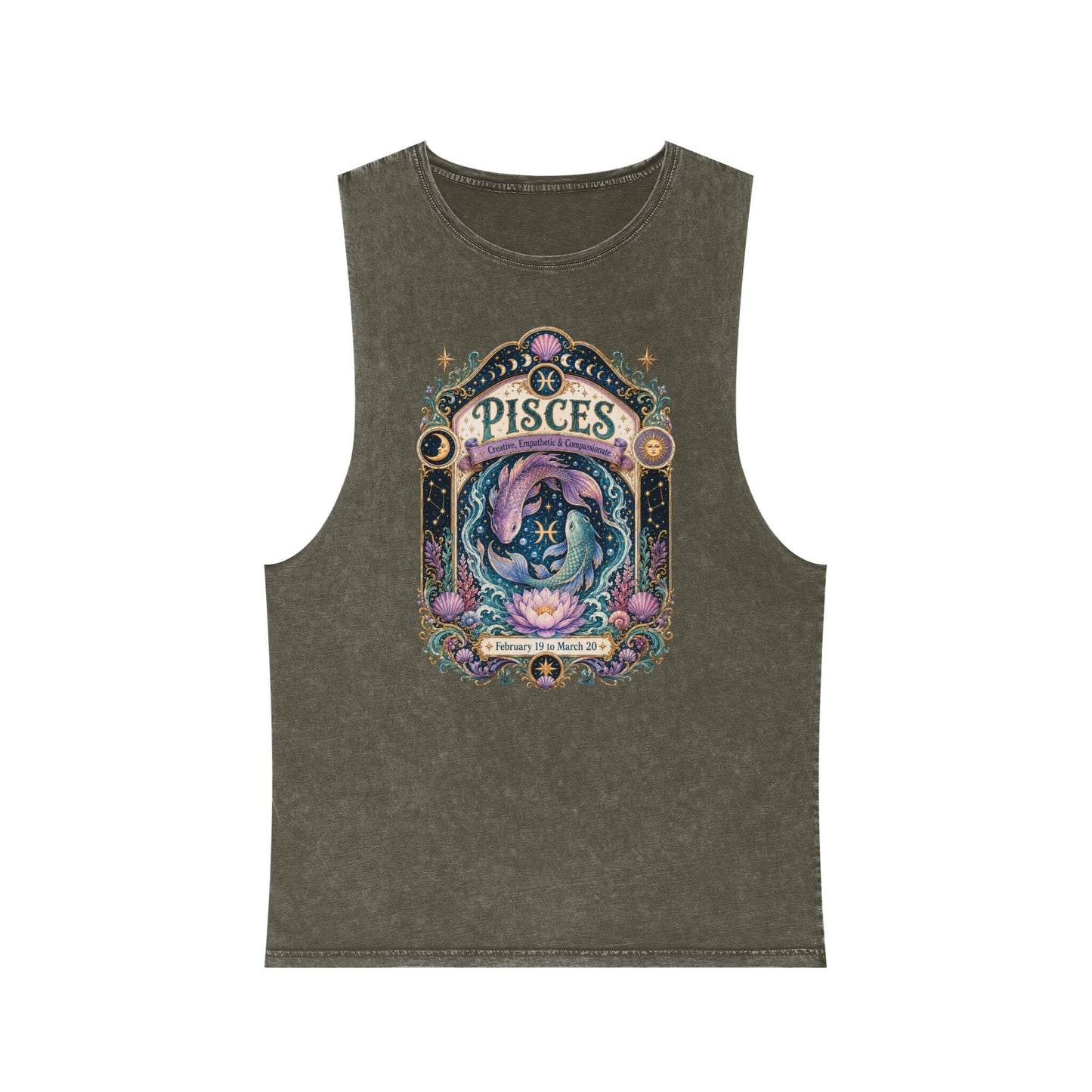 Pisces Zodiac Stonewash Tank Top – Cosmic Fish Artwork