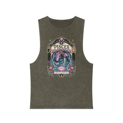 Pisces Zodiac Stonewash Tank Top – Cosmic Fish Artwork