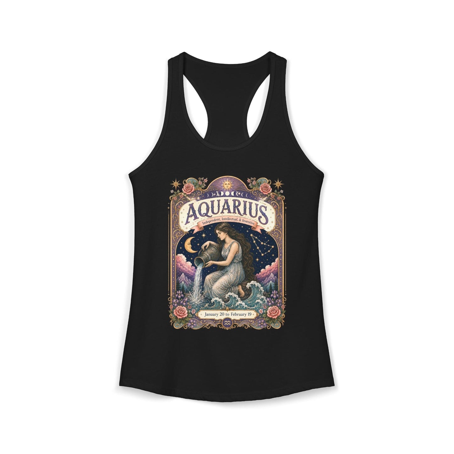 Aquarius Zodiac Women's Racerback Tank – Ornate Water Bearer Artwork