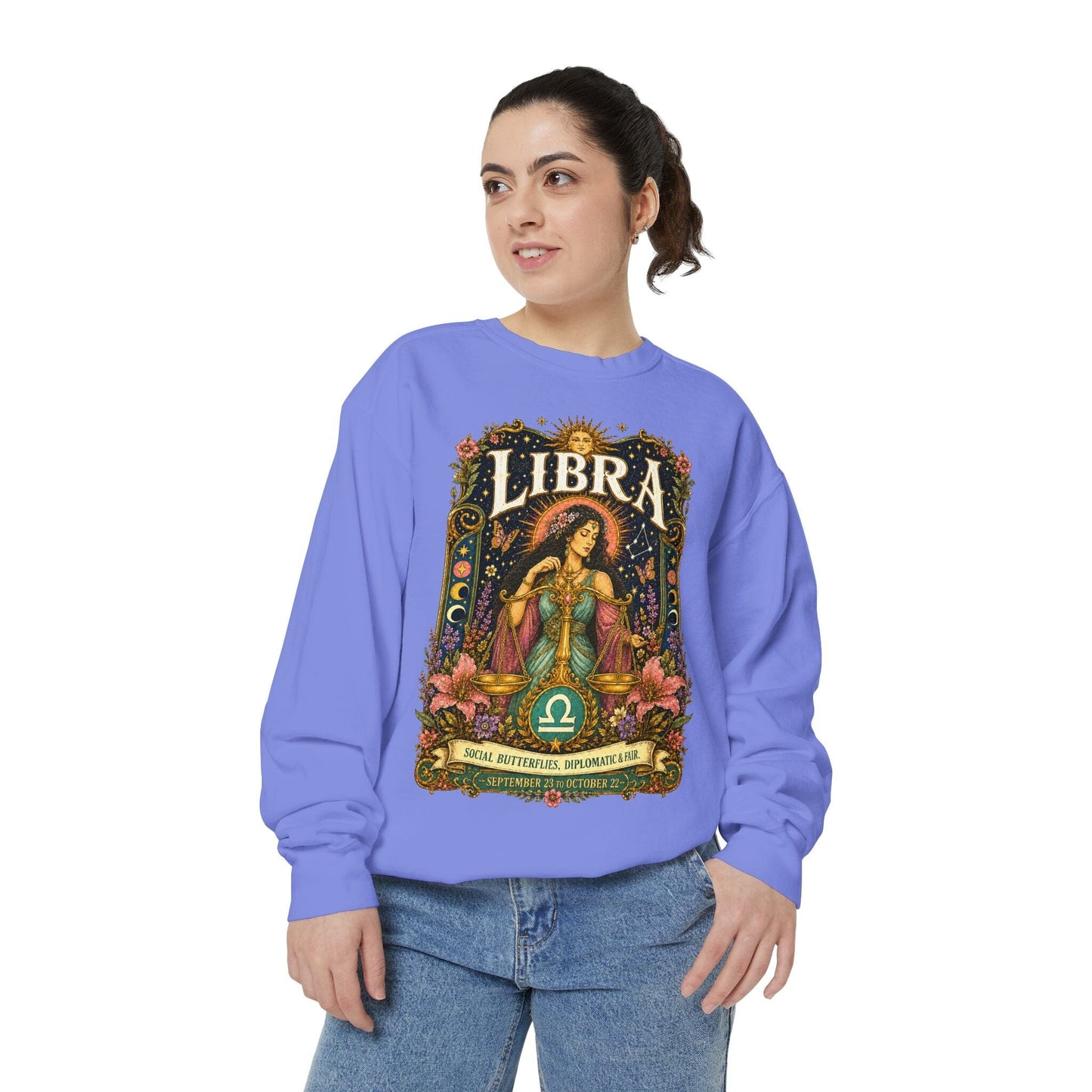 Libra Zodiac Garment-Dyed Sweatshirt – Mystic Scales Artwork