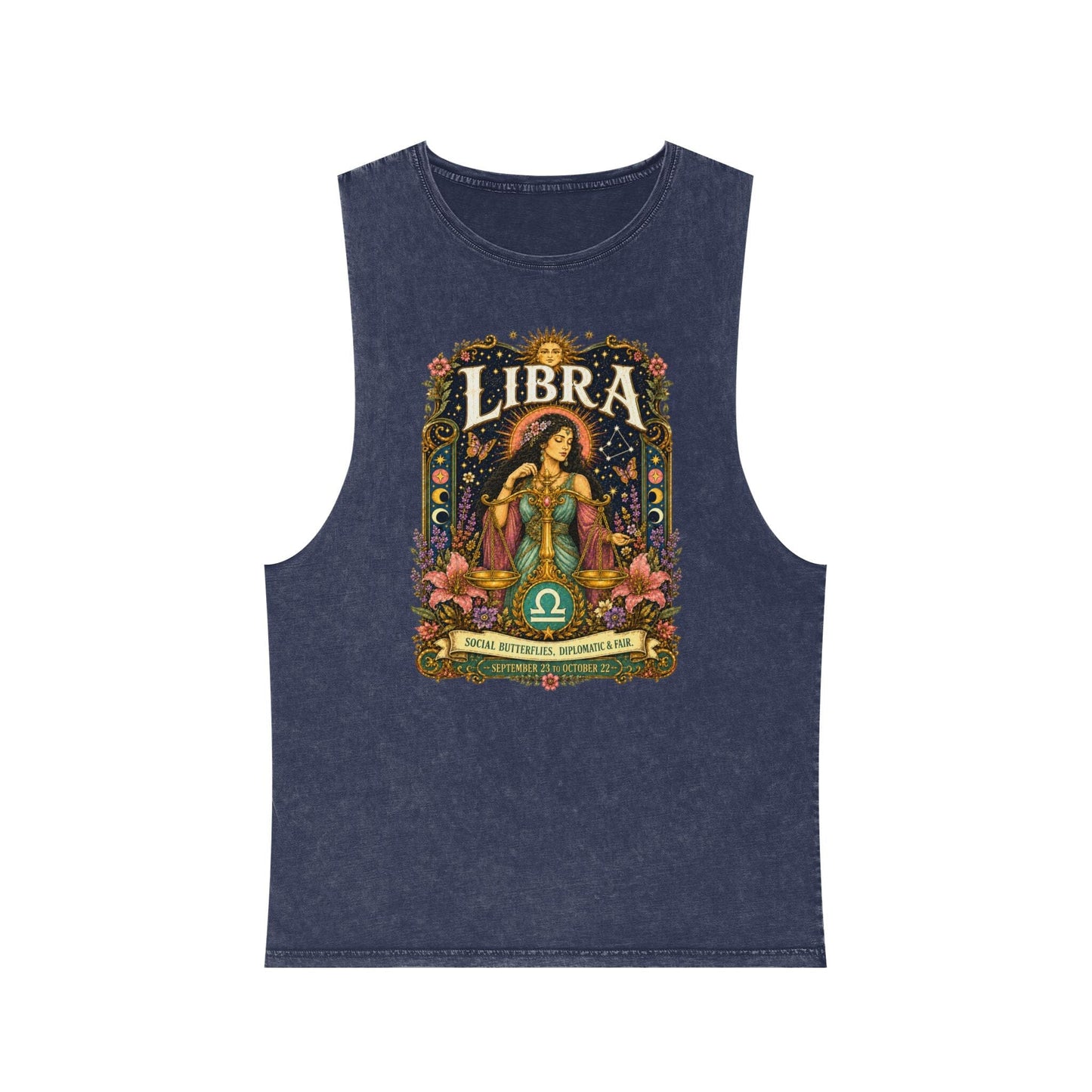 Libra Zodiac Stonewash Tank Top – Cosmic Scales Artwork