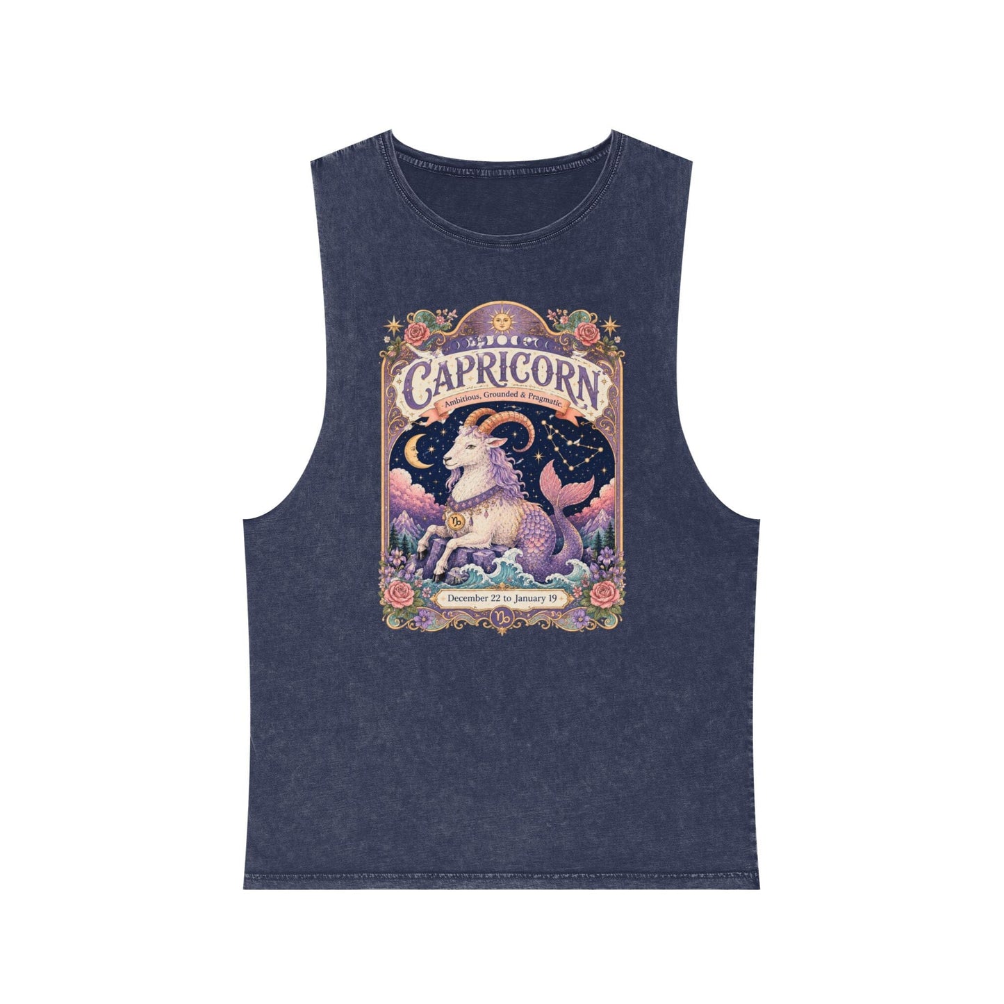Capricorn Zodiac Stonewash Tank Top – Cosmic Sea Goat Artwork