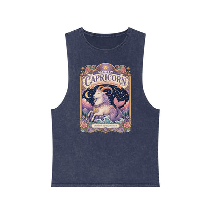 Capricorn Zodiac Stonewash Tank Top – Cosmic Sea Goat Artwork