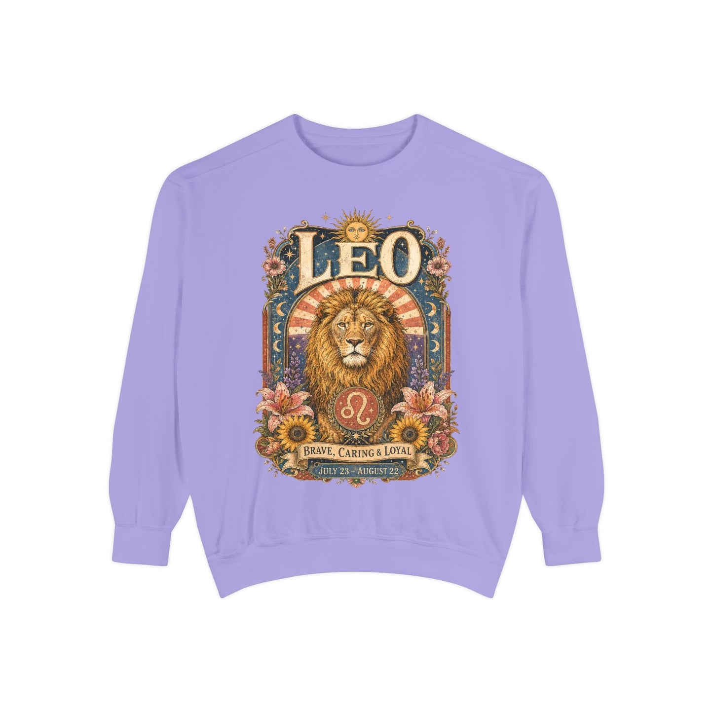 Leo Zodiac Garment-Dyed Sweatshirt – Mystic Lion Artwork
