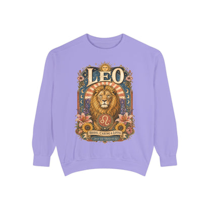 Leo Zodiac Garment-Dyed Sweatshirt – Mystic Lion Artwork