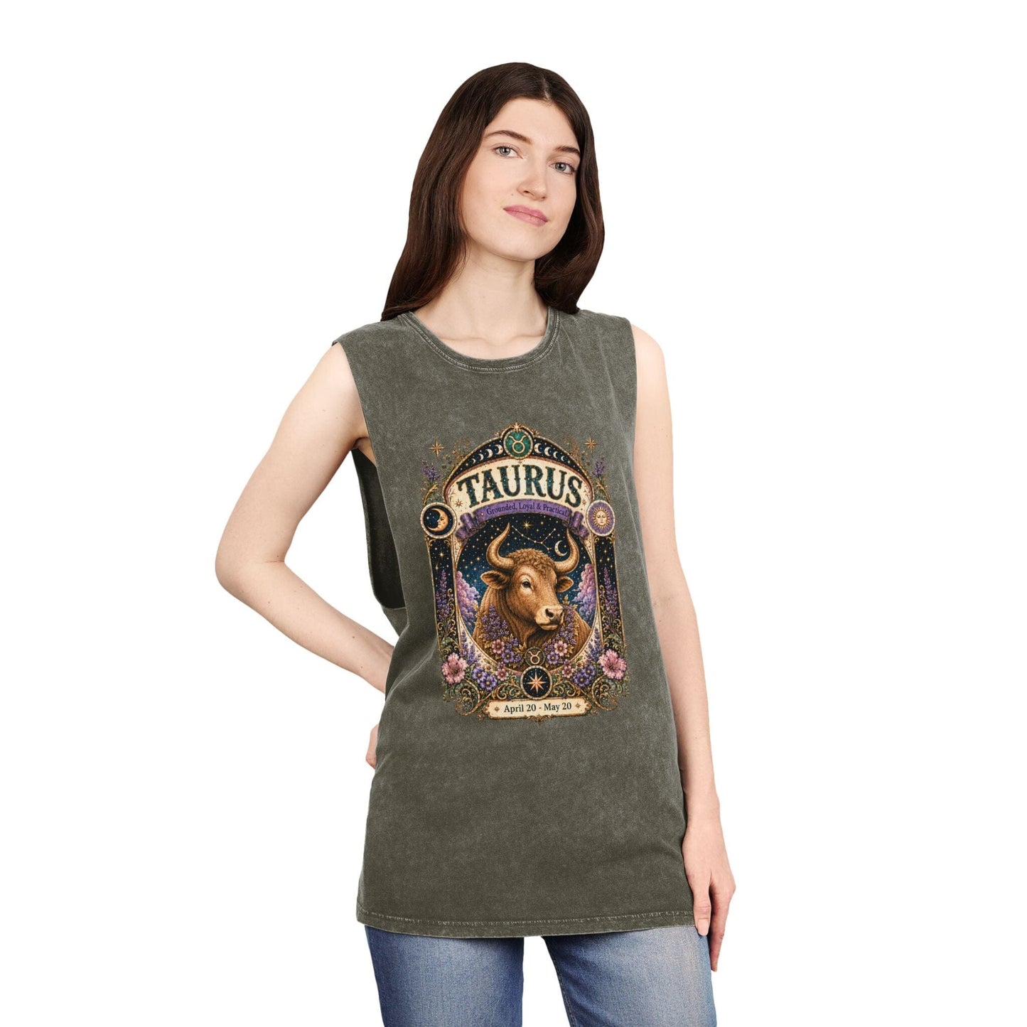 Taurus Zodiac Stonewash Tank Top – Cosmic Bull Artwork