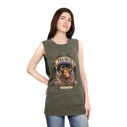 Taurus Zodiac Stonewash Tank Top – Cosmic Bull Artwork