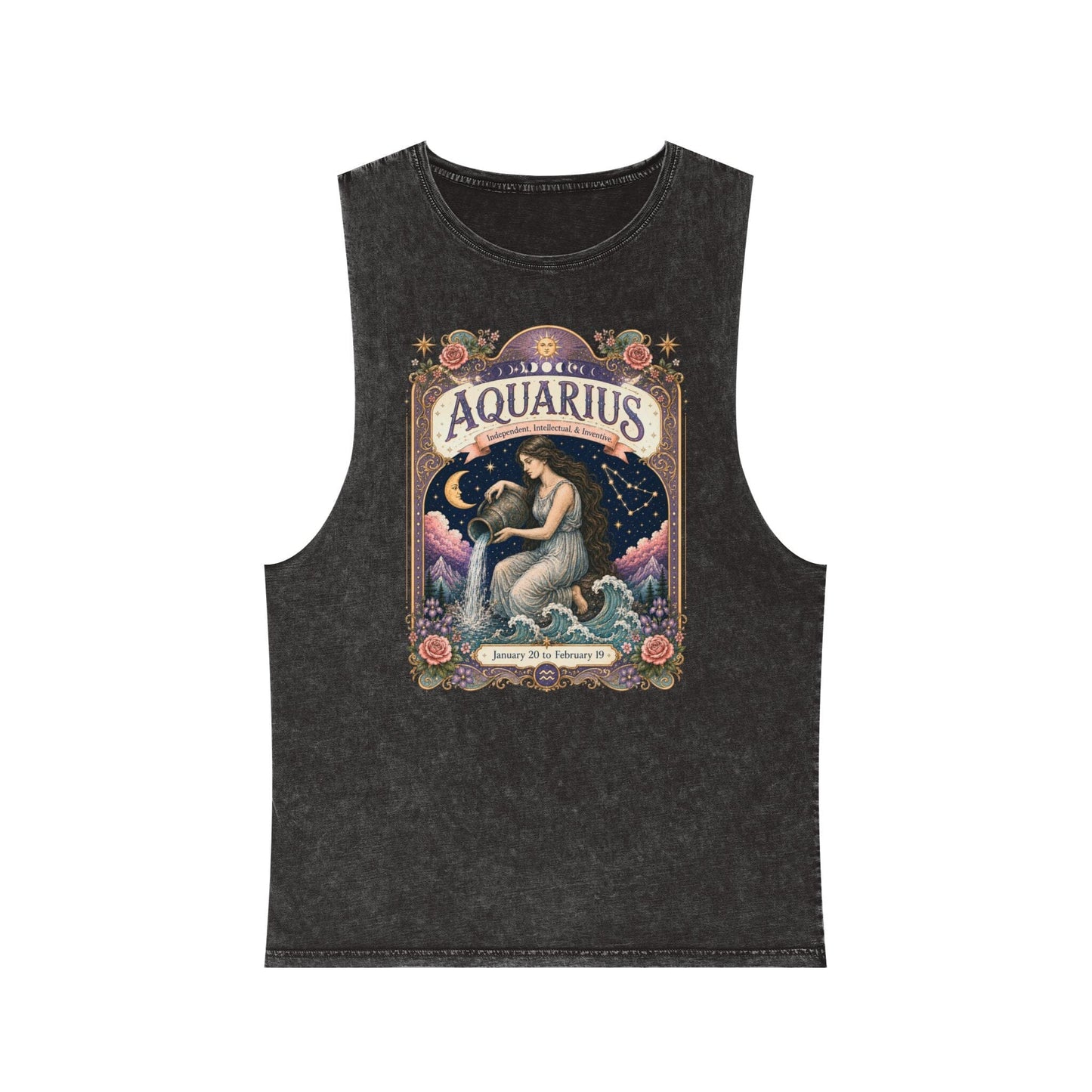 Aquarius Zodiac Stonewash Tank Top – Cosmic Water Bearer Artwork