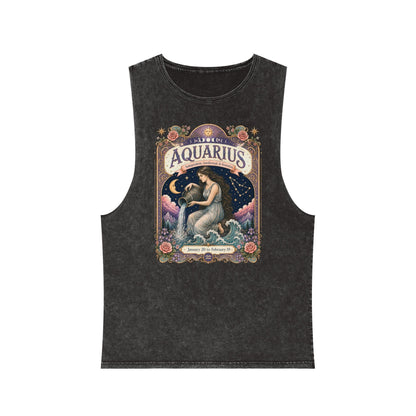 Aquarius Zodiac Stonewash Tank Top – Cosmic Water Bearer Artwork