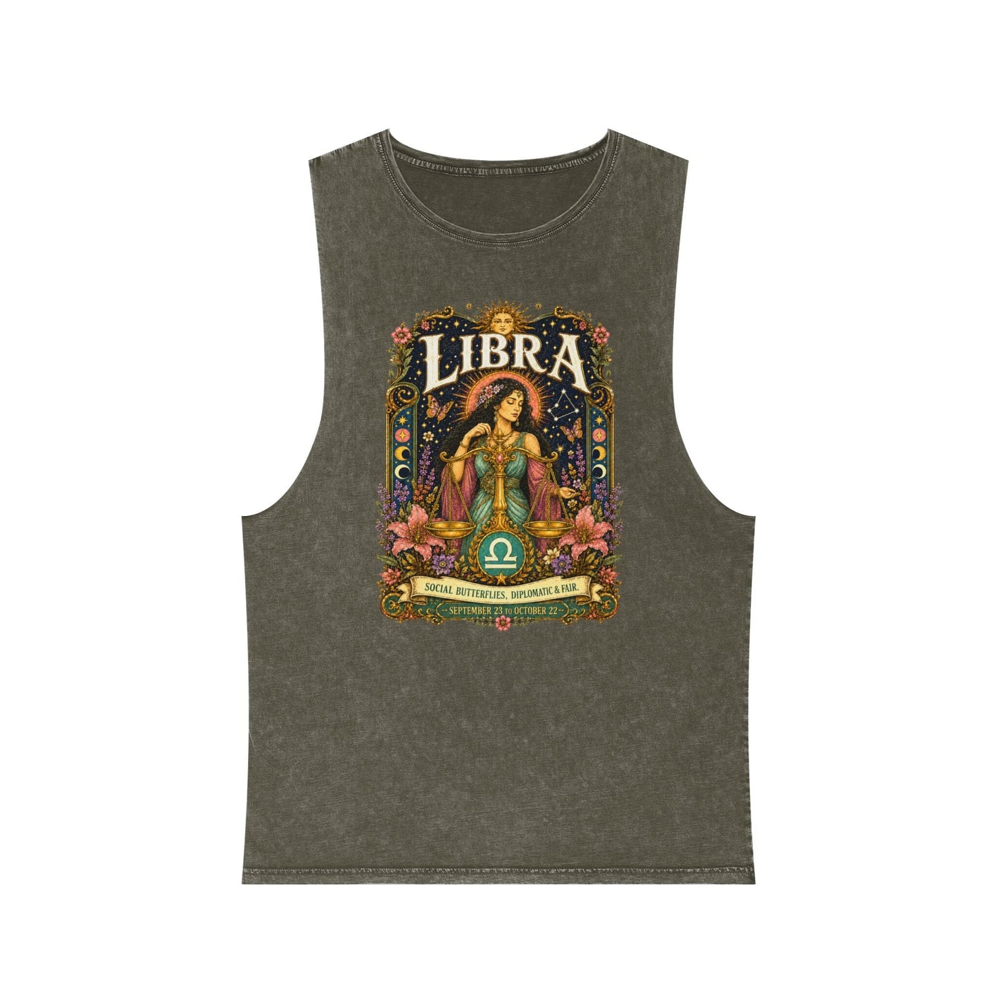 Libra Zodiac Stonewash Tank Top – Cosmic Scales Artwork