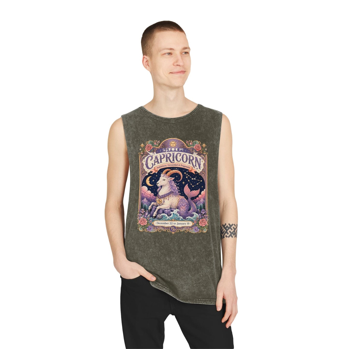 Capricorn Zodiac Stonewash Tank Top – Cosmic Sea Goat Artwork