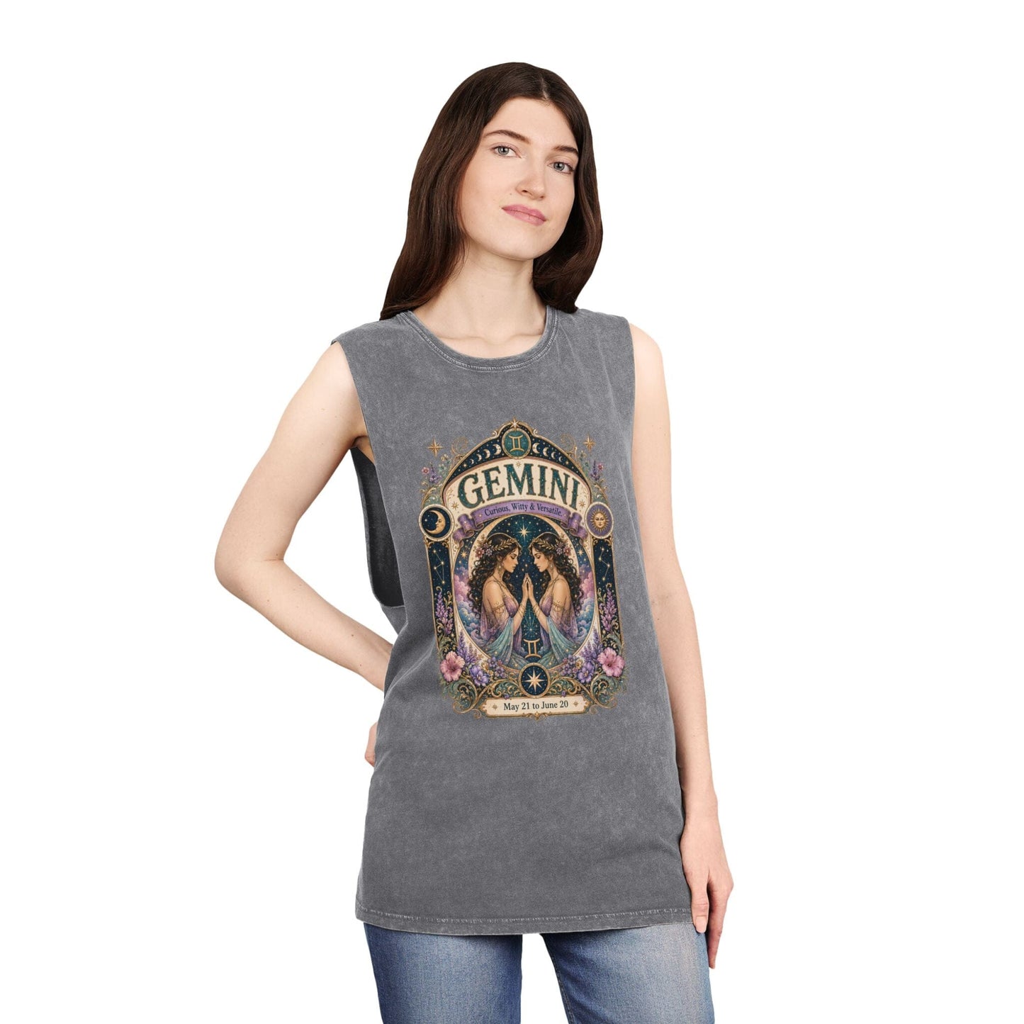 Gemini Zodiac Stonewash Tank Top – Cosmic Twins Artwork
