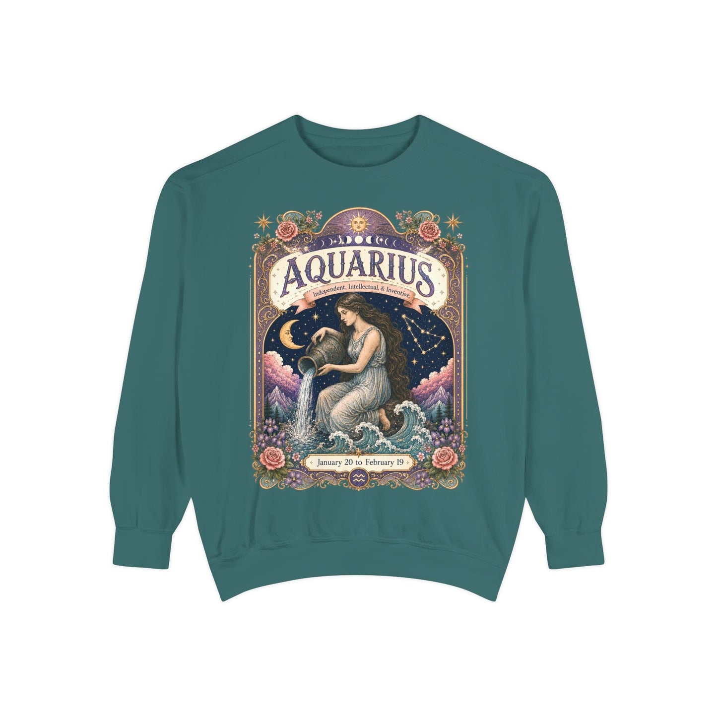 Aquarius Zodiac Garment-Dyed Sweatshirt – Mystic Water Bearer Artwork