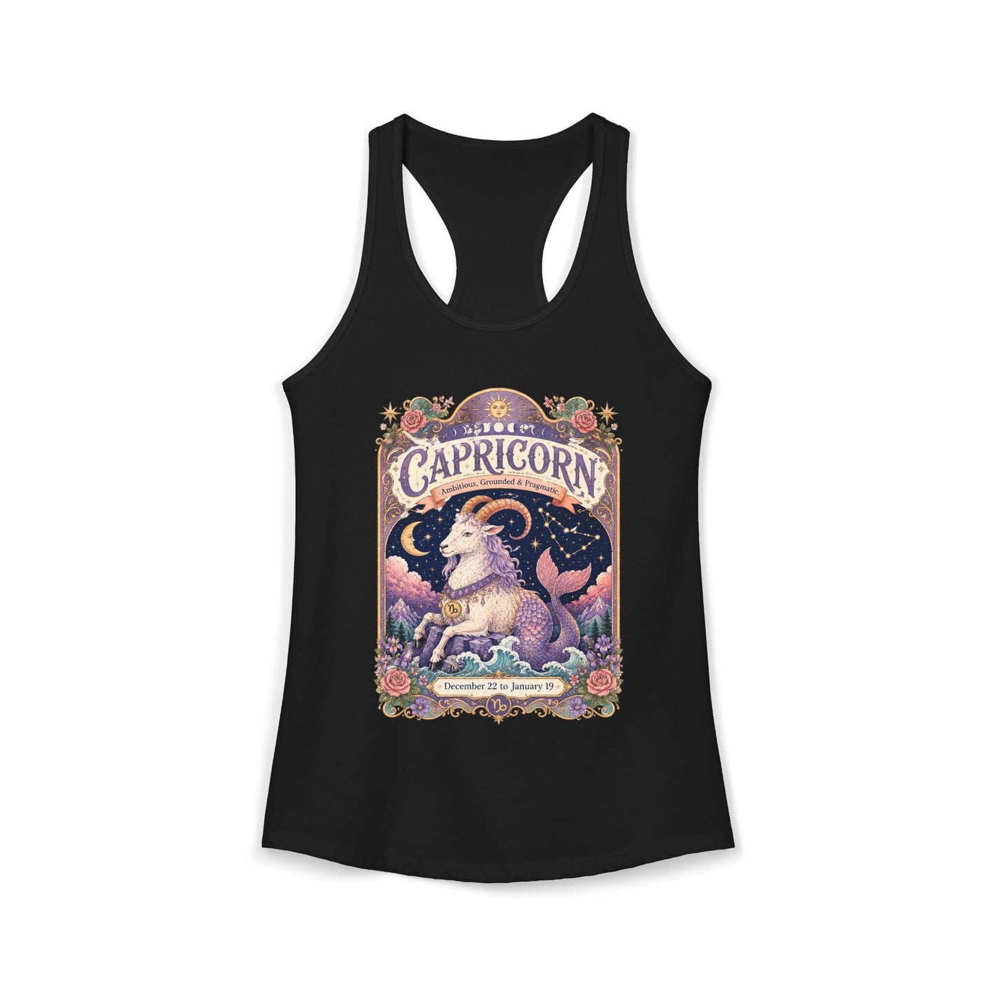 Capricorn Zodiac Women's Racerback Tank – Ornate Sea Goat Artwork