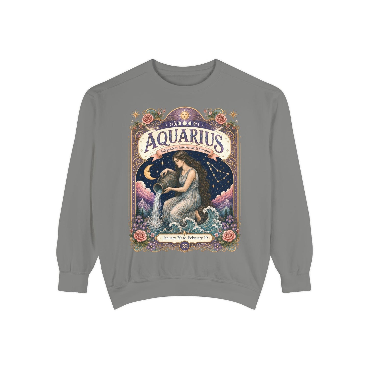 Aquarius Zodiac Garment-Dyed Sweatshirt – Mystic Water Bearer Artwork