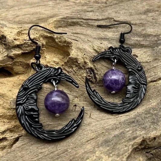 Black Crescent Moon Amethyst Drop Earrings - Spirit Nest