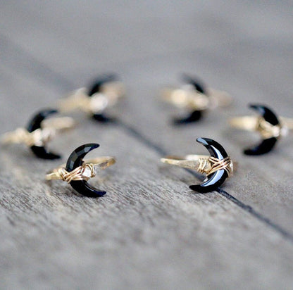 Moonbeam Ring - Black Agate | Crescent Moon Gemstone Ring