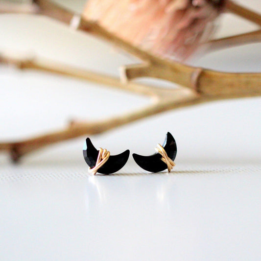 Mini Moonbeam Stud Earrings | Black Agate Crescent Studs