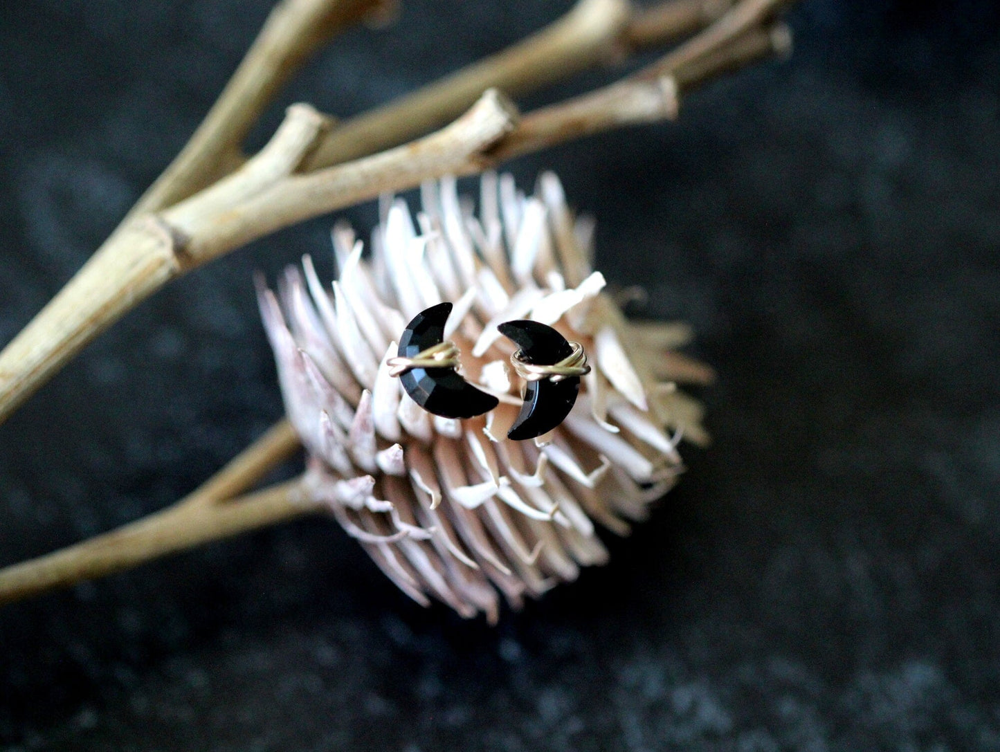 Mini Moonbeam Stud Earrings | Black Agate Crescent Studs
