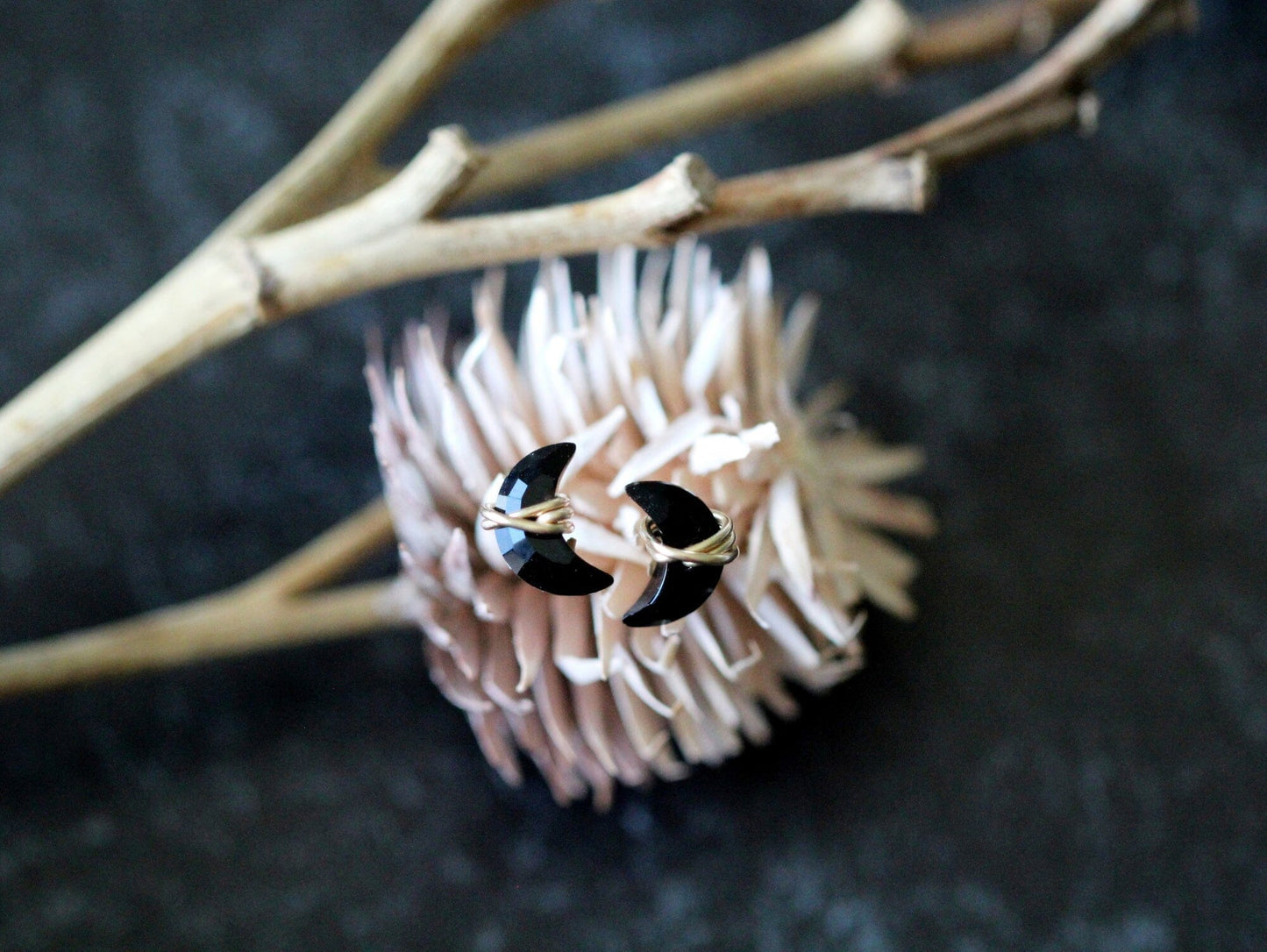 Mini Moonbeam Stud Earrings | Black Agate Crescent Studs