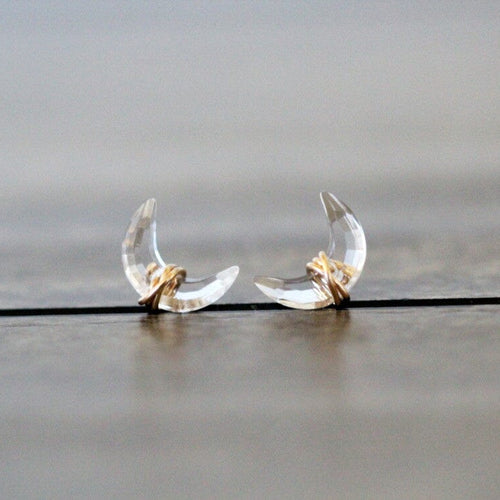 Moonbeam Studs - Crystal Quartz | Crescent Moon Gemstone Earrings
