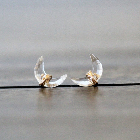 Moonbeam Studs - Crystal Quartz | Crescent Moon Gemstone Earrings