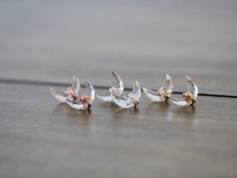 Moonbeam Studs - Crystal Quartz | Crescent Moon Gemstone Earrings