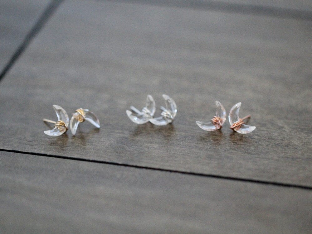 Moonbeam Studs - Crystal Quartz | Crescent Moon Gemstone Earrings
