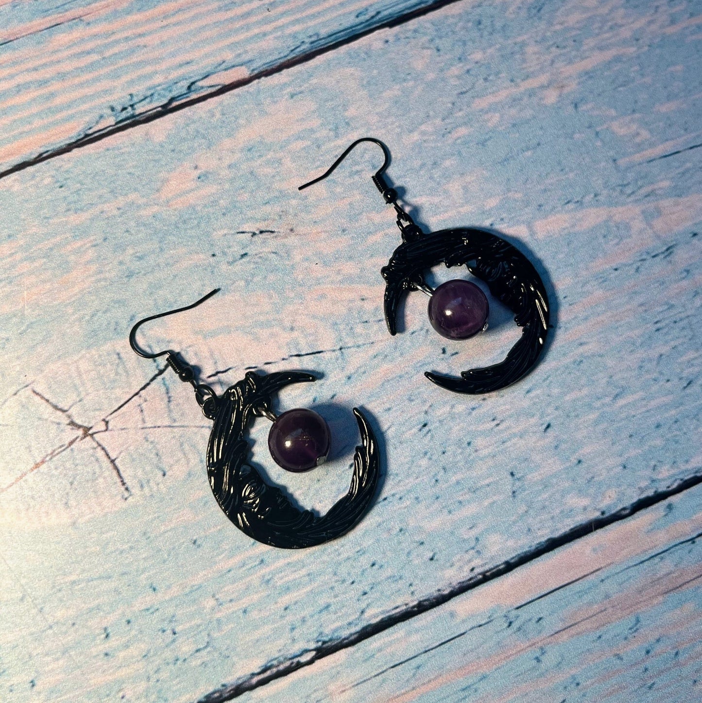 Black Crescent Moon Amethyst Drop Earrings - Spirit Nest