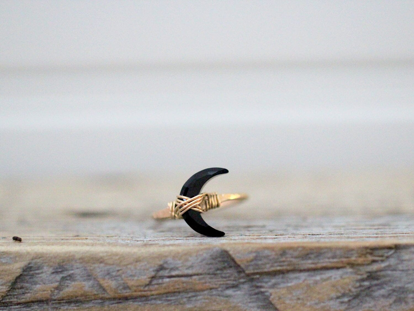 Moonbeam Ring - Black Agate | Crescent Moon Gemstone Ring