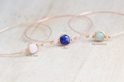 Aquamarine Bezel Wrapped Bangle | Minimalist Gemstone Bracelet